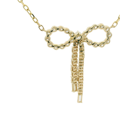 14k Yellow Gold Baguette And Round Diamond Bow Pendant Necklace