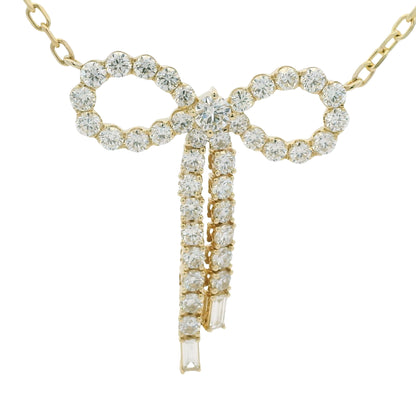 14k Yellow Gold Baguette And Round Diamond Bow Pendant Necklace
