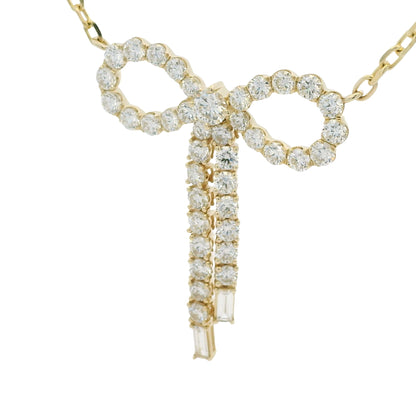 14k Yellow Gold Baguette And Round Diamond Bow Pendant Necklace