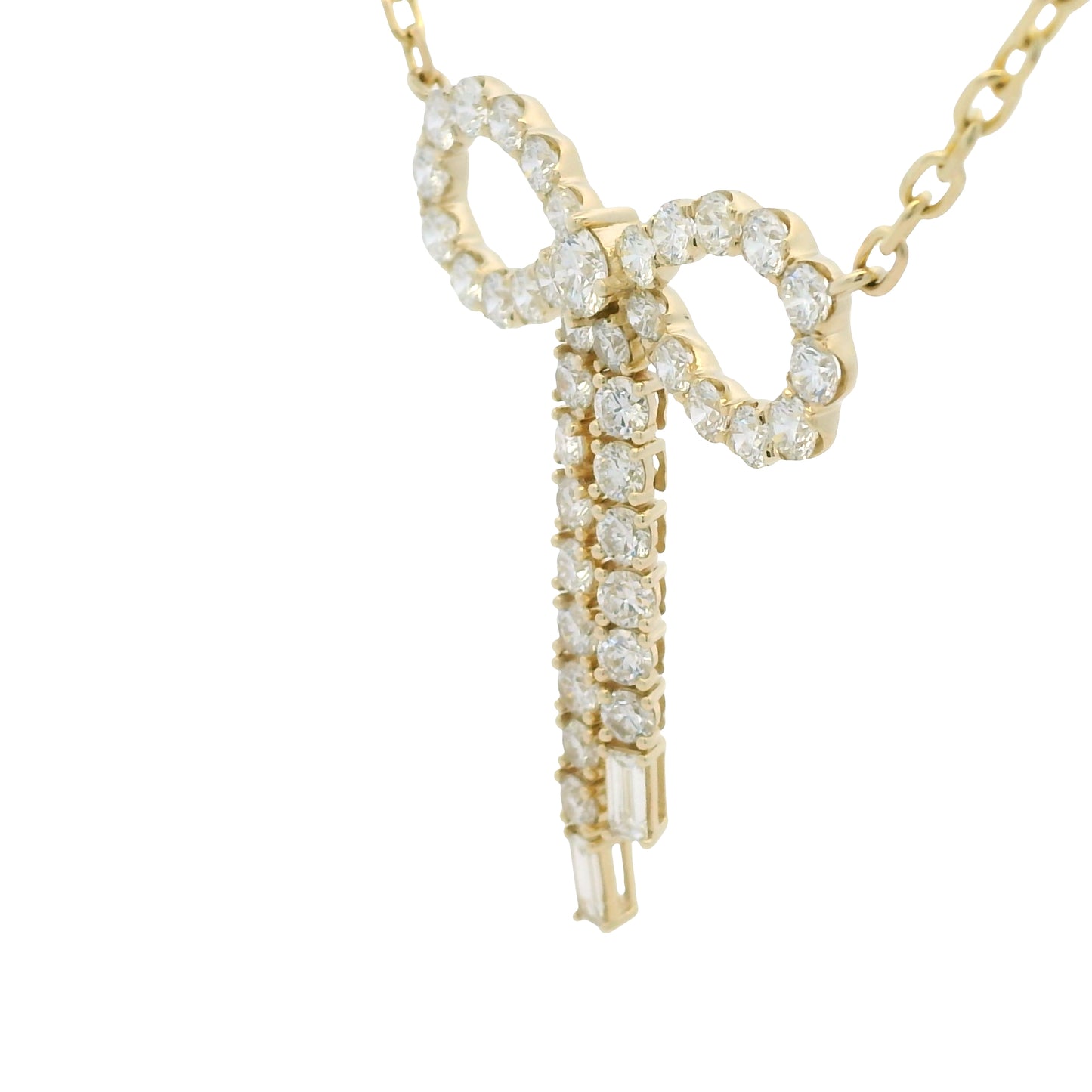 14k Yellow Gold Baguette And Round Diamond Bow Pendant Necklace