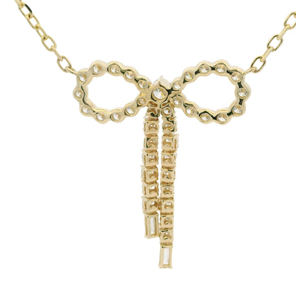 14k Yellow Gold Baguette And Round Diamond Bow Pendant Necklace