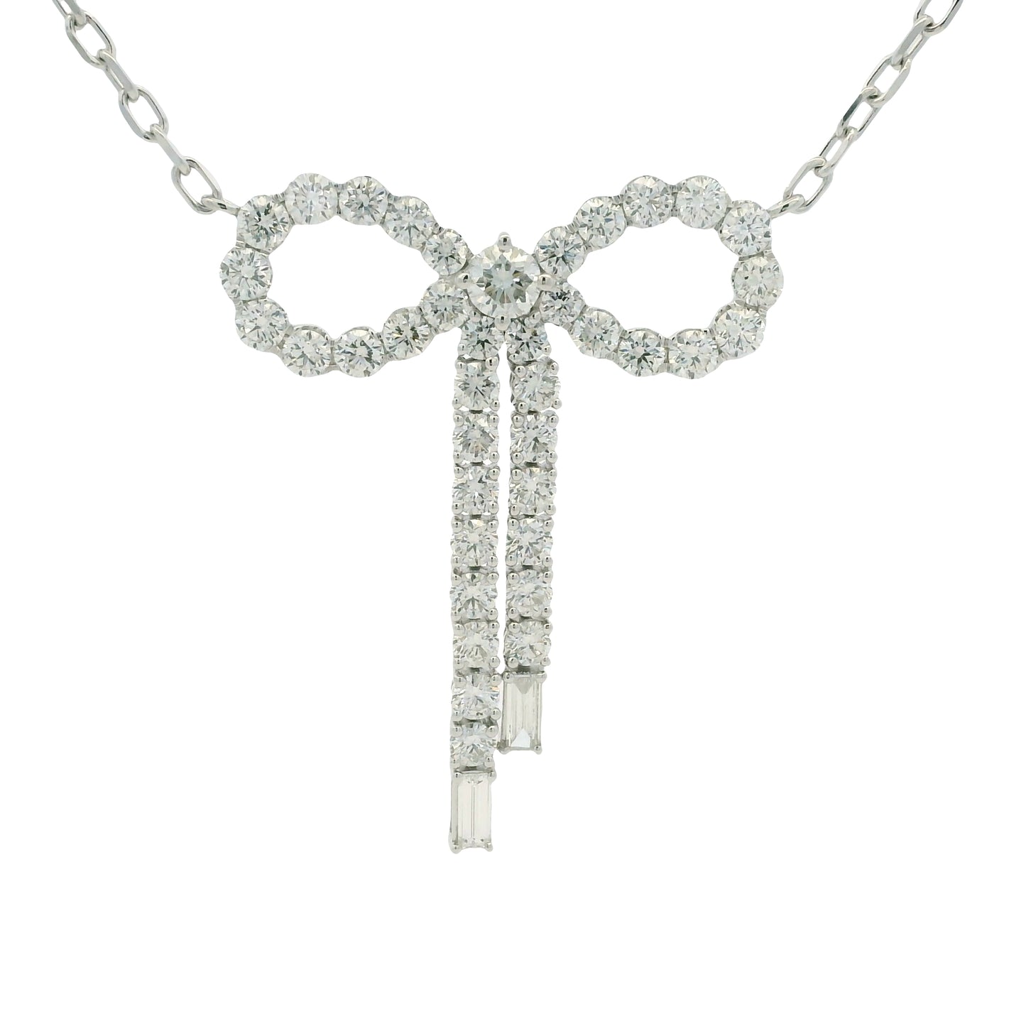 14k White Gold Baguette And Round Diamond Bow Pendant Necklace