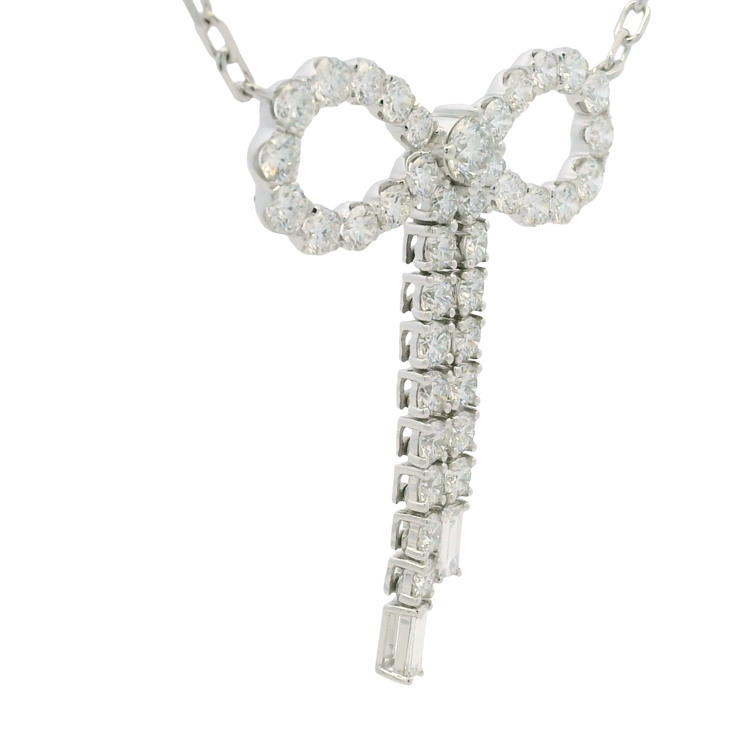 14k White Gold Baguette And Round Diamond Bow Pendant Necklace