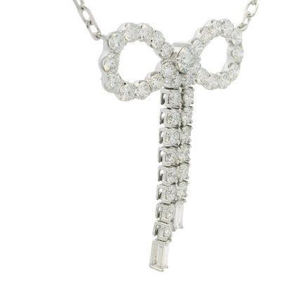 14k White Gold Baguette And Round Diamond Bow Pendant Necklace