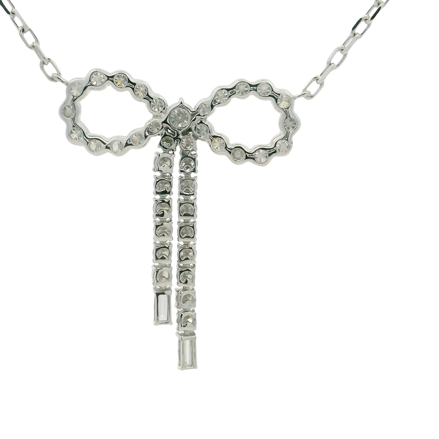 14k White Gold Baguette And Round Diamond Bow Pendant Necklace