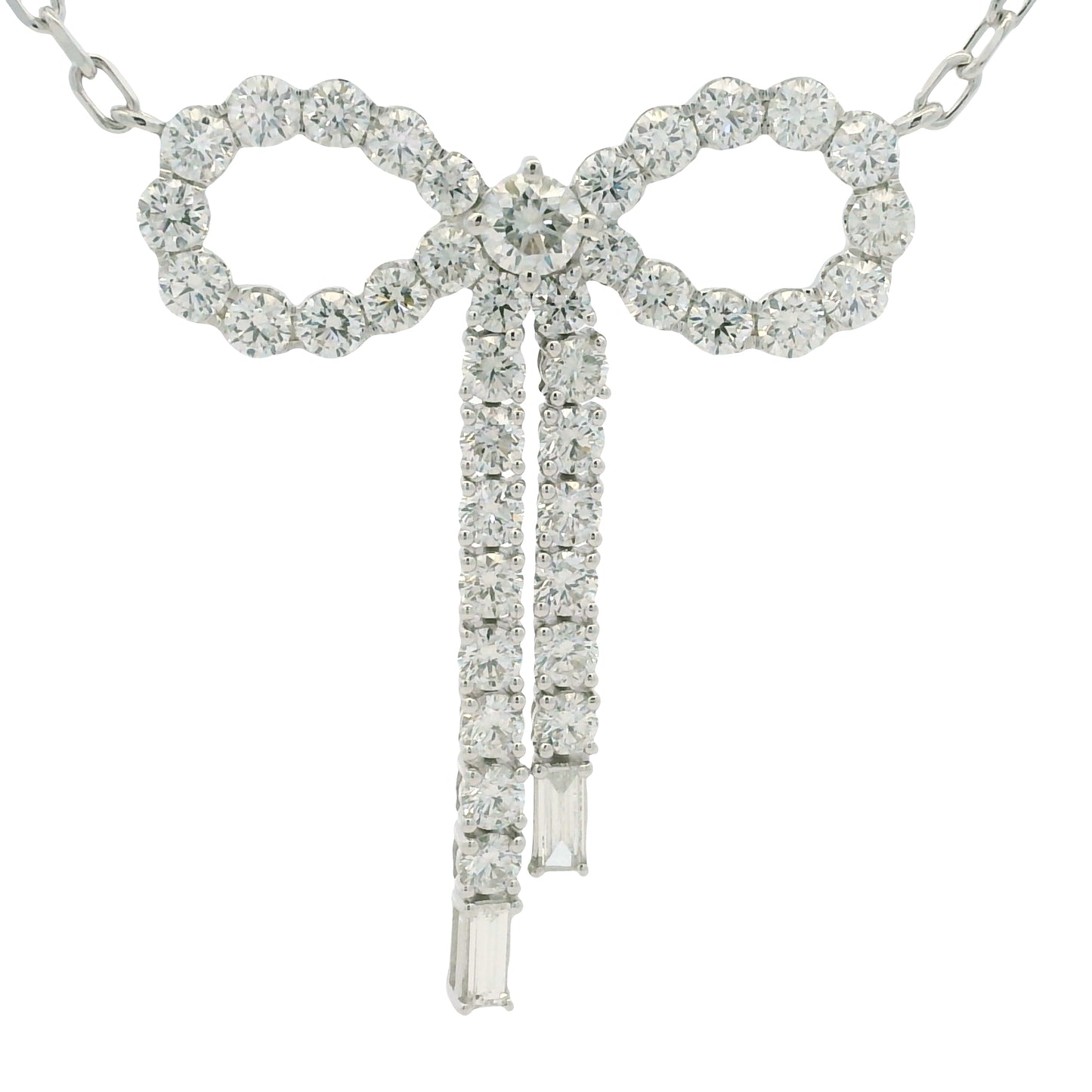 14k White Gold Baguette And Round Diamond Bow Pendant Necklace
