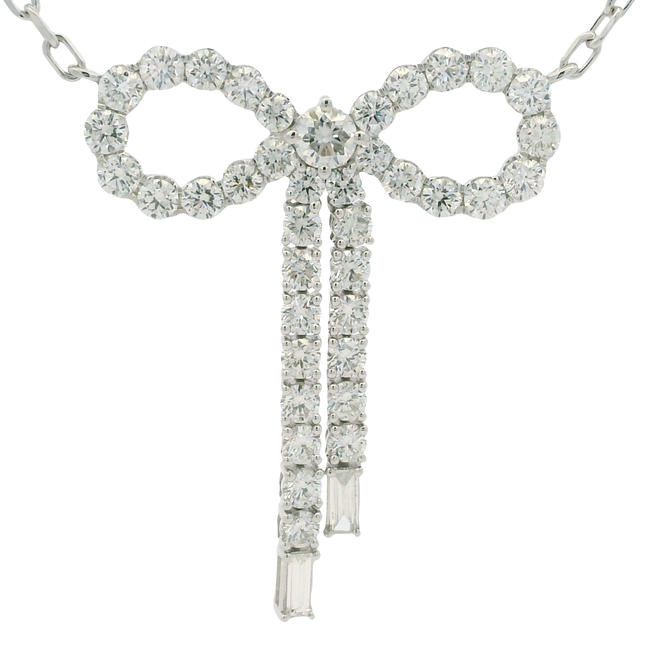 14k White Gold Baguette And Round Diamond Bow Pendant Necklace