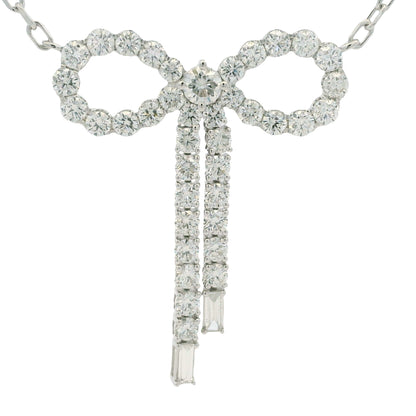 14k White Gold Baguette And Round Diamond Bow Pendant Necklace