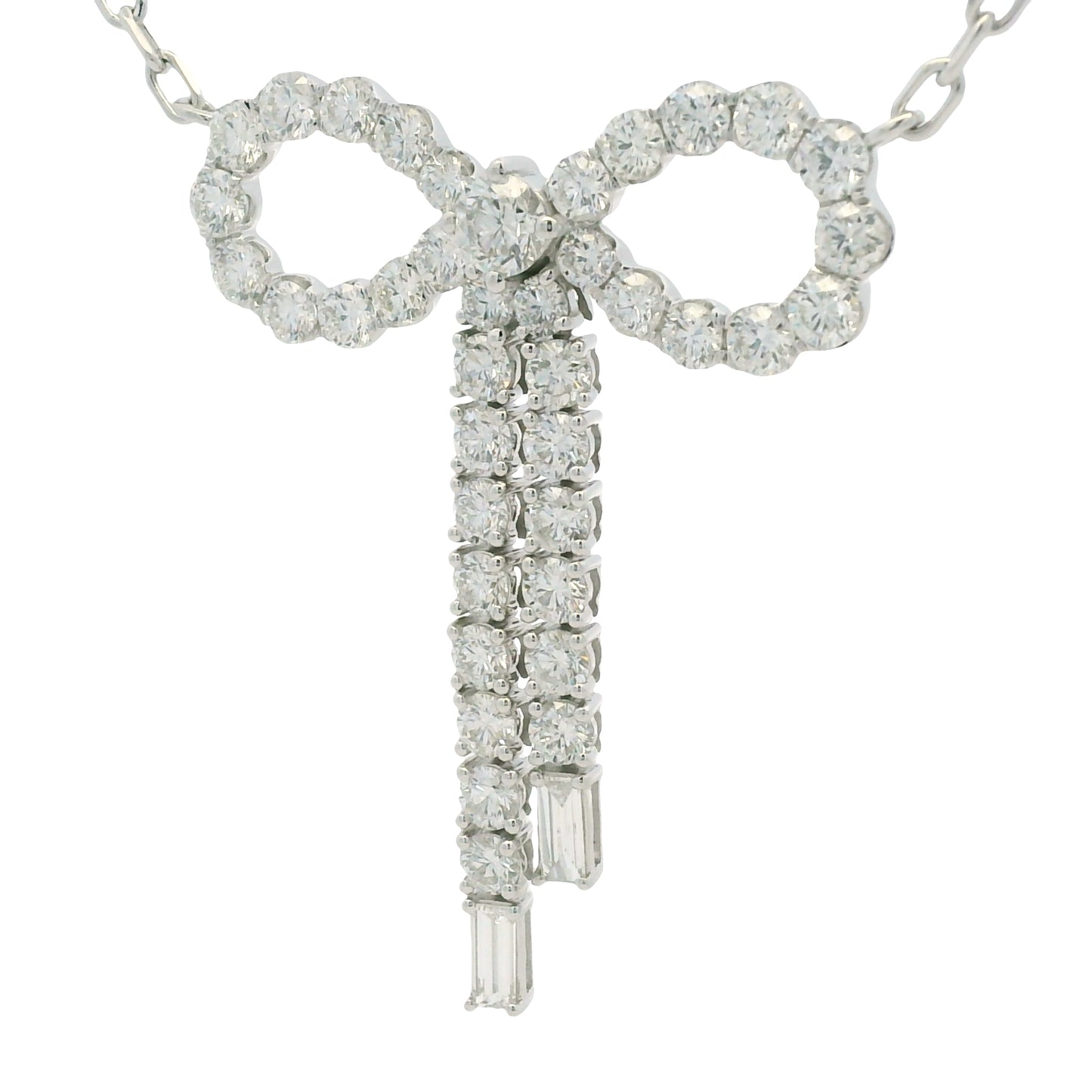14k White Gold Baguette And Round Diamond Bow Pendant Necklace