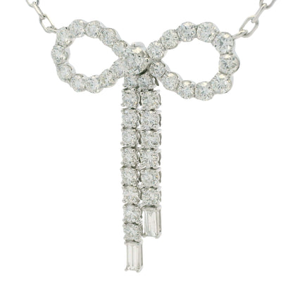 14k White Gold Baguette And Round Diamond Bow Pendant Necklace