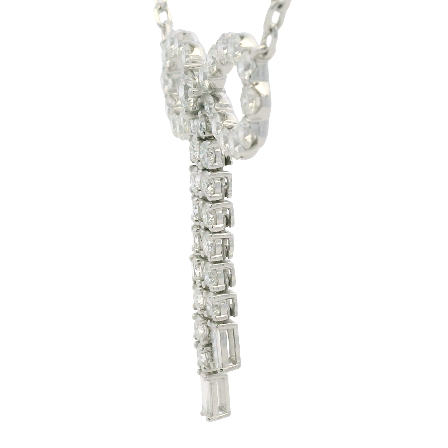 14k White Gold Baguette And Round Diamond Bow Pendant Necklace