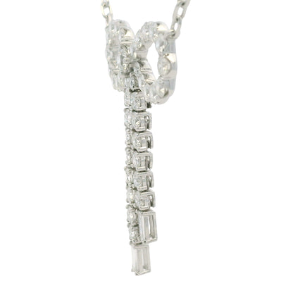14k White Gold Baguette And Round Diamond Bow Pendant Necklace