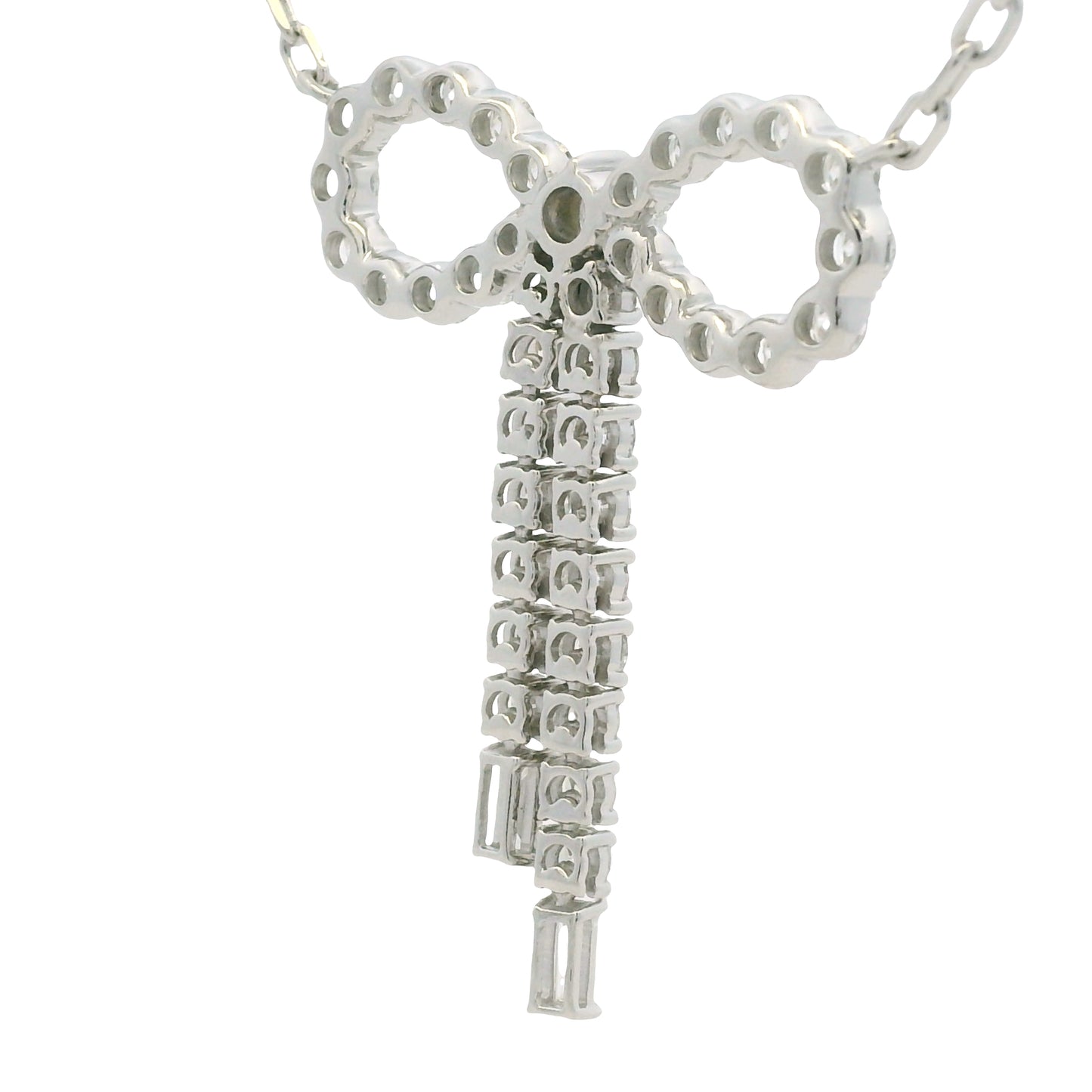 14k White Gold Baguette And Round Diamond Bow Pendant Necklace