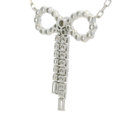 14k White Gold Baguette And Round Diamond Bow Pendant Necklace