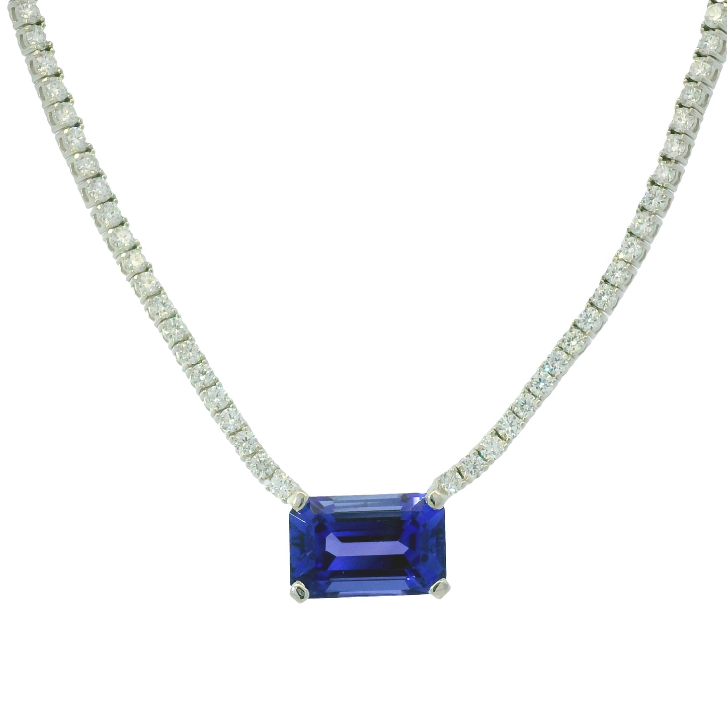 14k White Gold Natural Diamond & Tanzanite Pendant Tennis Necklace