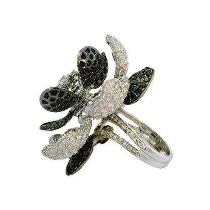 18K White Gold Natural 12.0 Carat Diamond & Black Rhodium Blooming Flower Ring