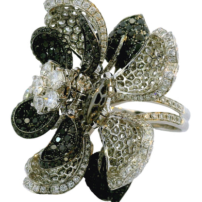 18K White Gold Natural 12.0 Carat Diamond & Black Rhodium Blooming Flower Ring