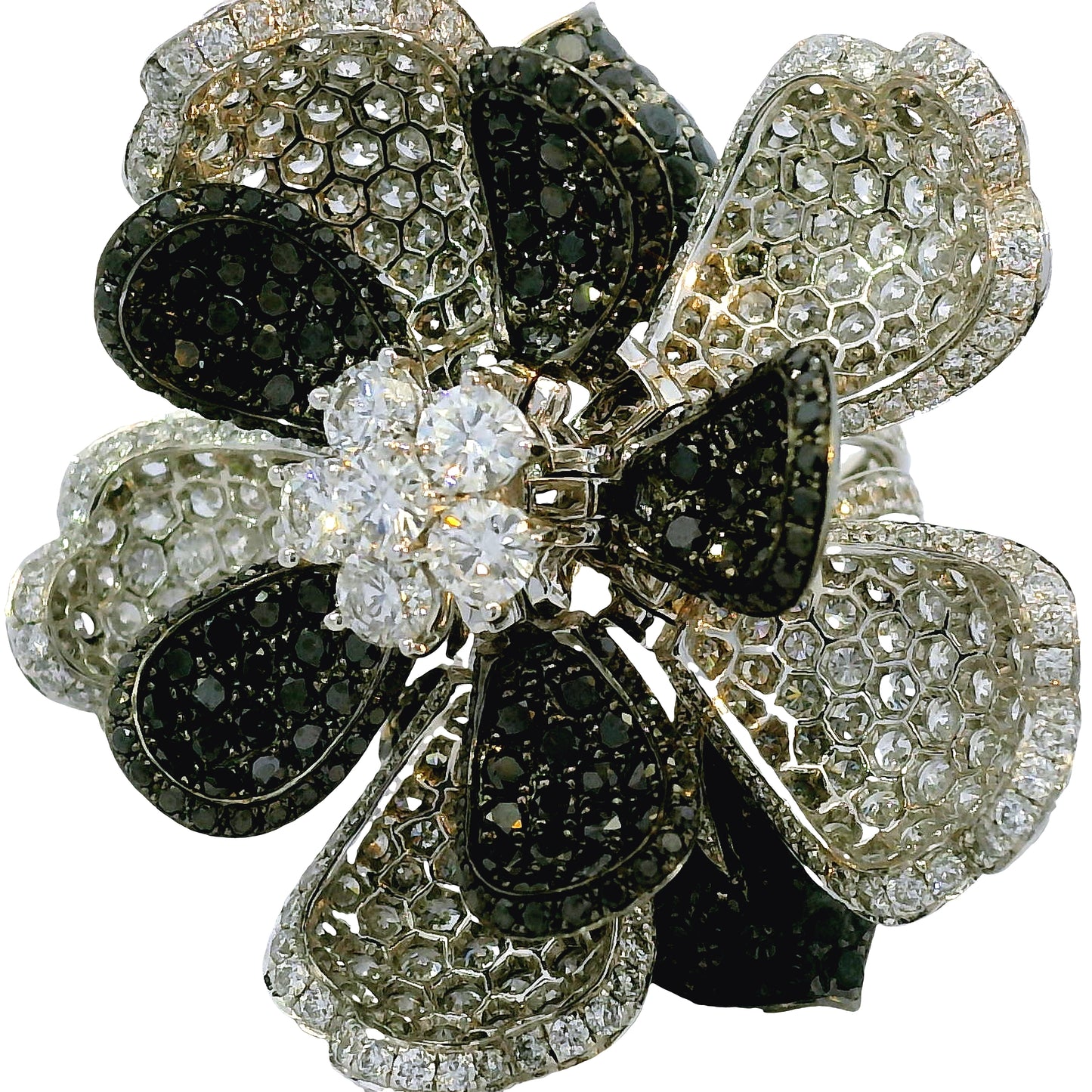 18K White Gold Natural 12.0 Carat Diamond & Black Rhodium Blooming Flower Ring