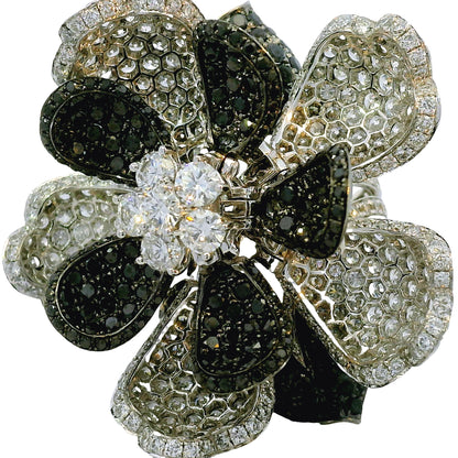 18K White Gold Natural 12.0 Carat Diamond & Black Rhodium Blooming Flower Ring