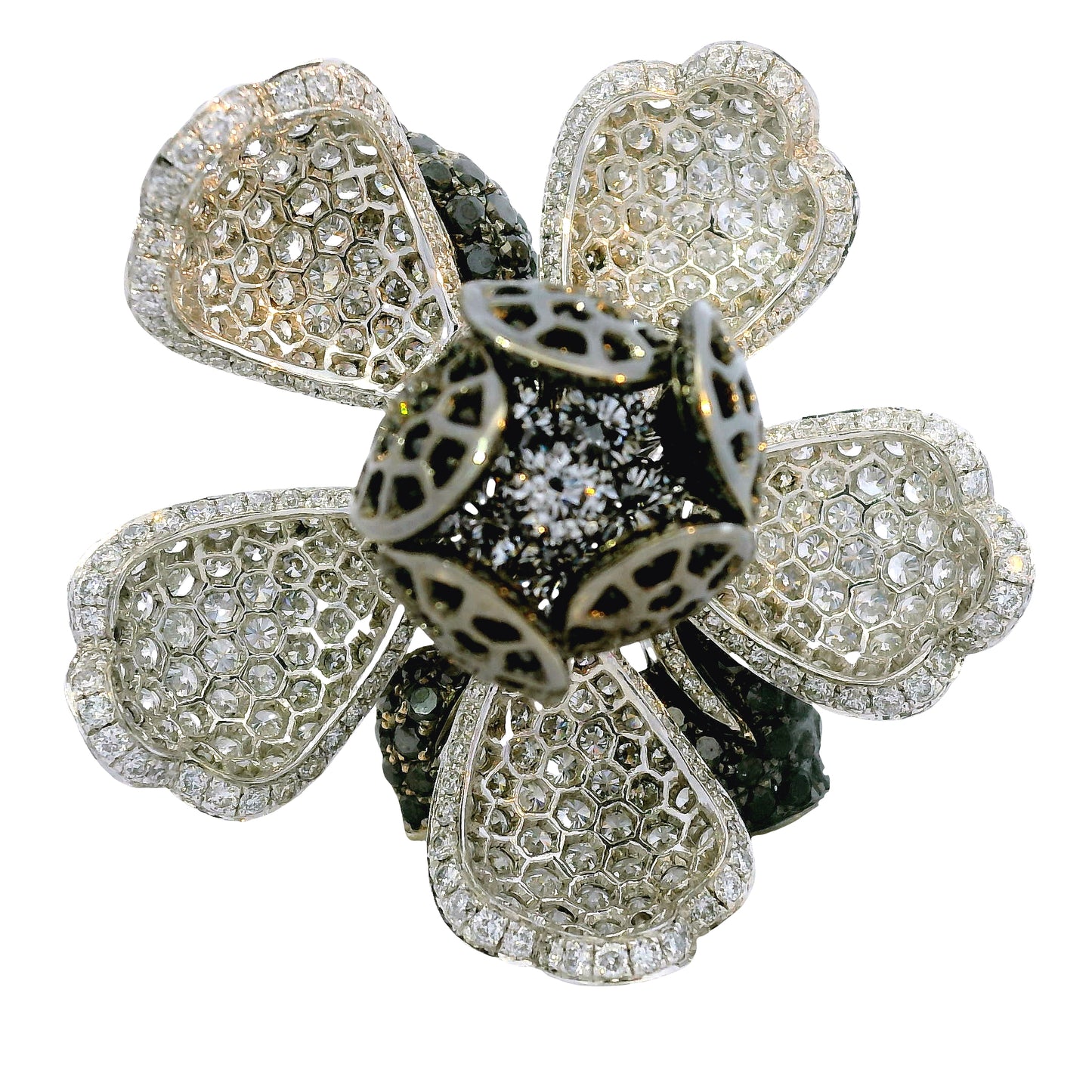 18K White Gold Natural 12.0 Carat Diamond & Black Rhodium Blooming Flower Ring