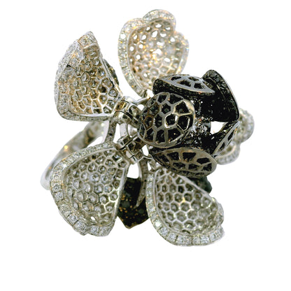 18K White Gold Natural 12.0 Carat Diamond & Black Rhodium Blooming Flower Ring