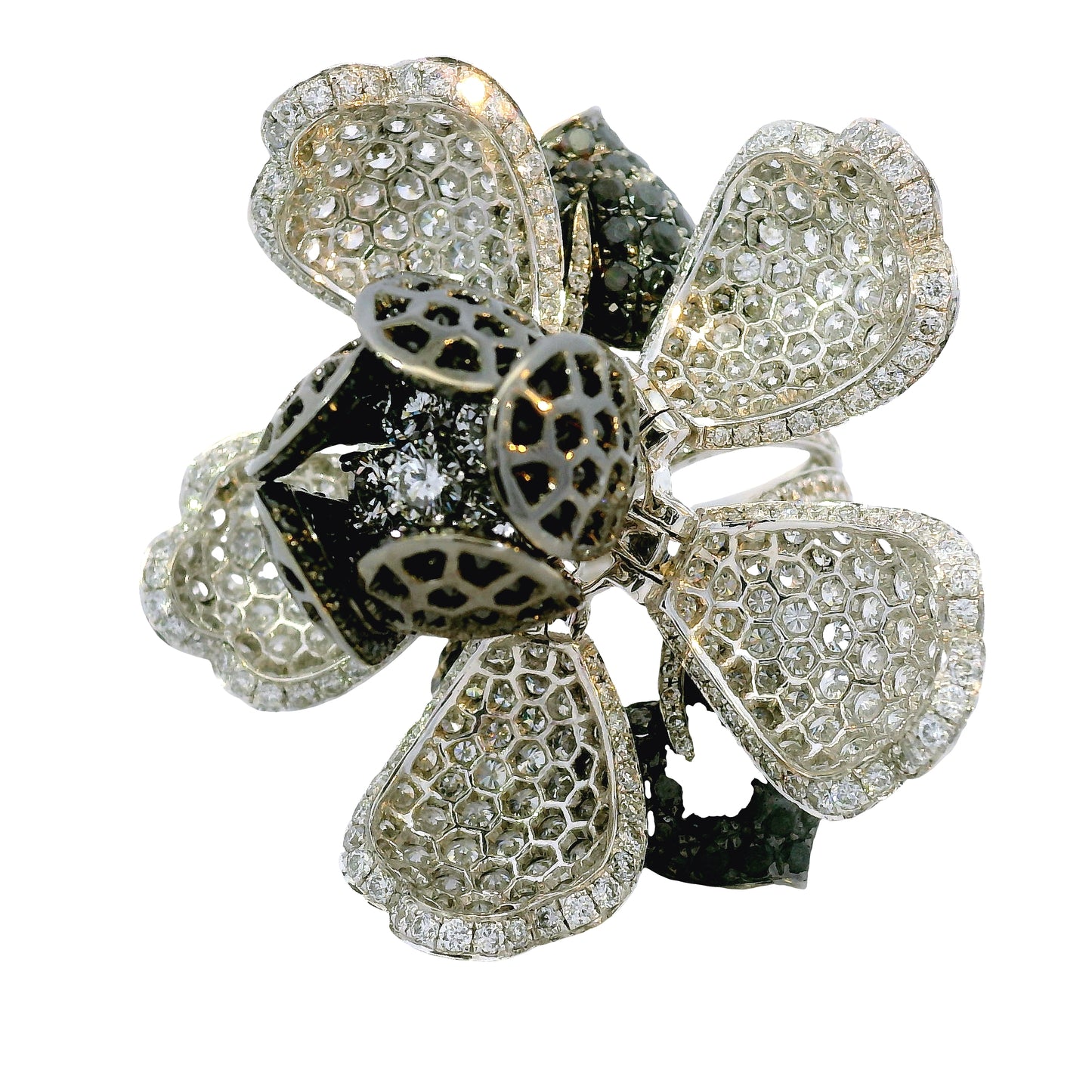 18K White Gold Natural 12.0 Carat Diamond & Black Rhodium Blooming Flower Ring