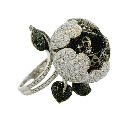 18K White Gold Natural 12.0 Carat Diamond & Black Rhodium Blooming Flower Ring