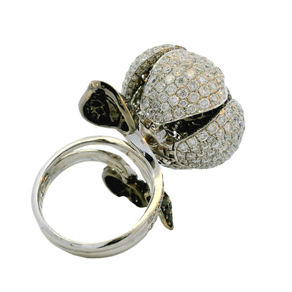 18K White Gold Natural 12.0 Carat Diamond & Black Rhodium Blooming Flower Ring