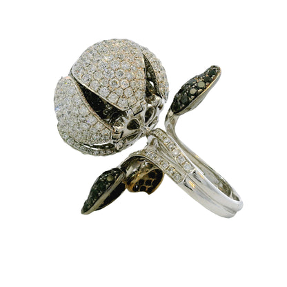 18K White Gold Natural 12.0 Carat Diamond & Black Rhodium Blooming Flower Ring