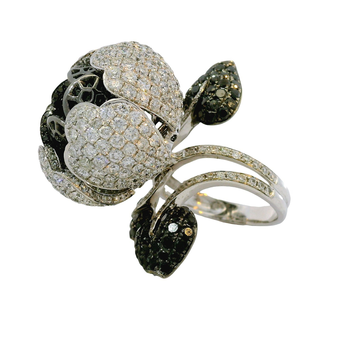 18K White Gold Natural 12.0 Carat Diamond & Black Rhodium Blooming Flower Ring