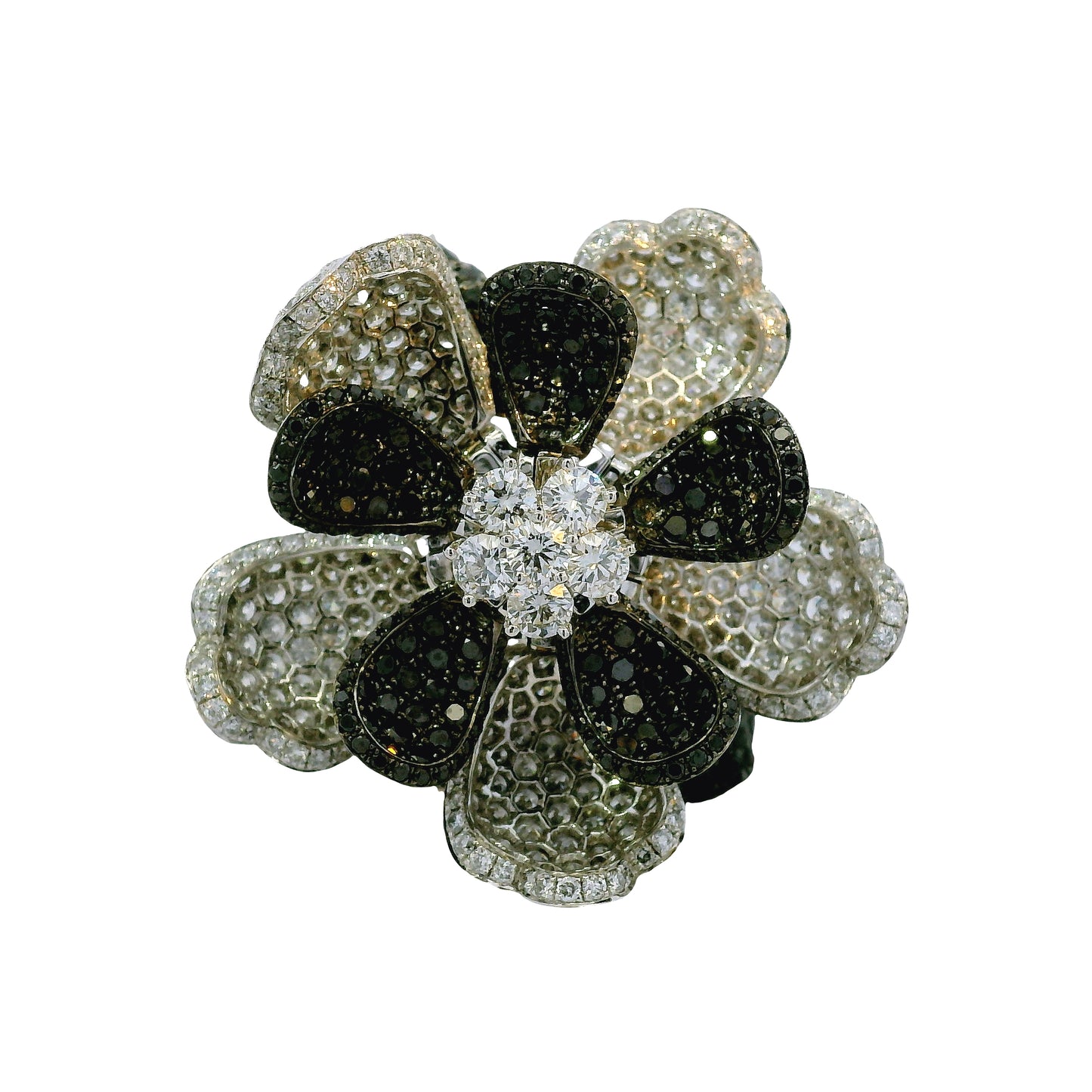 18K White Gold Natural 12.0 Carat Diamond & Black Rhodium Blooming Flower Ring