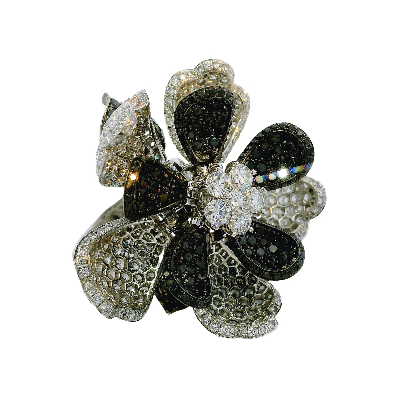 18K White Gold Natural 12.0 Carat Diamond & Black Rhodium Blooming Flower Ring