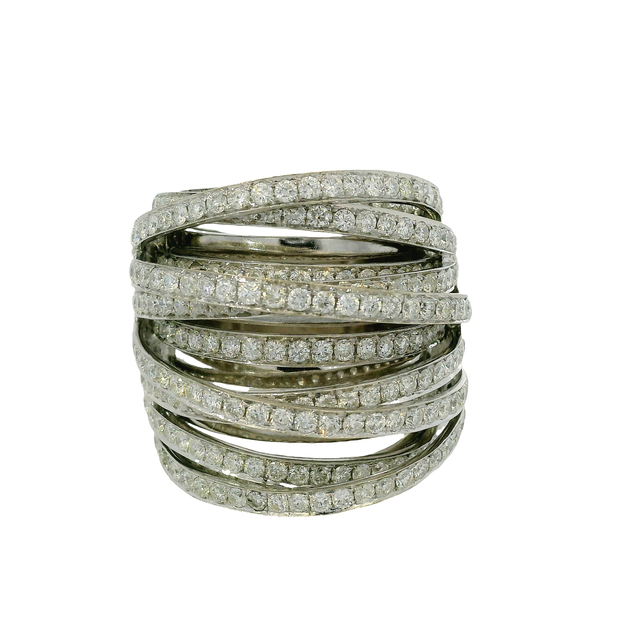 18K White Gold Natural 6.72 Carat Natural Diamond Multi-Row Crossover Ring