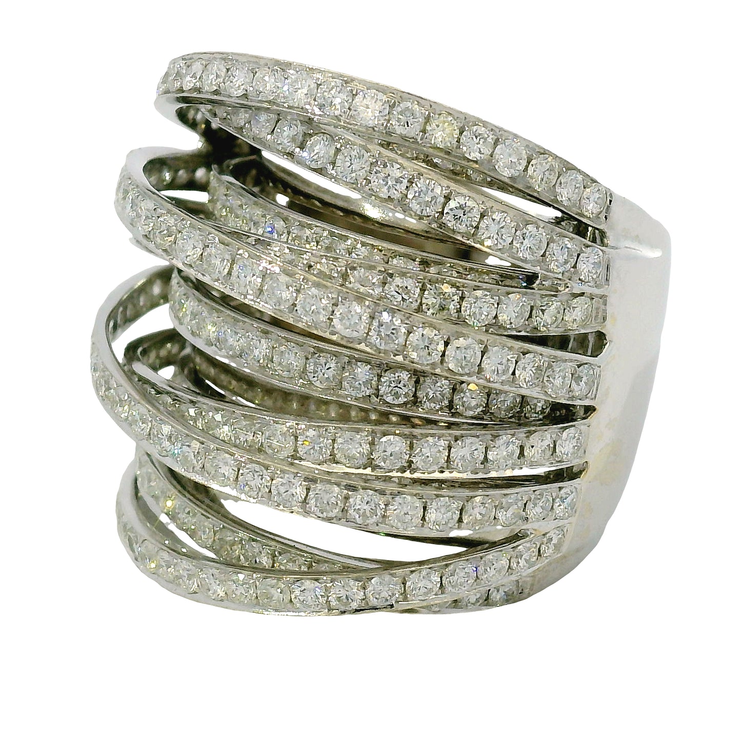 18K White Gold Natural 6.72 Carat Natural Diamond Multi-Row Crossover Ring