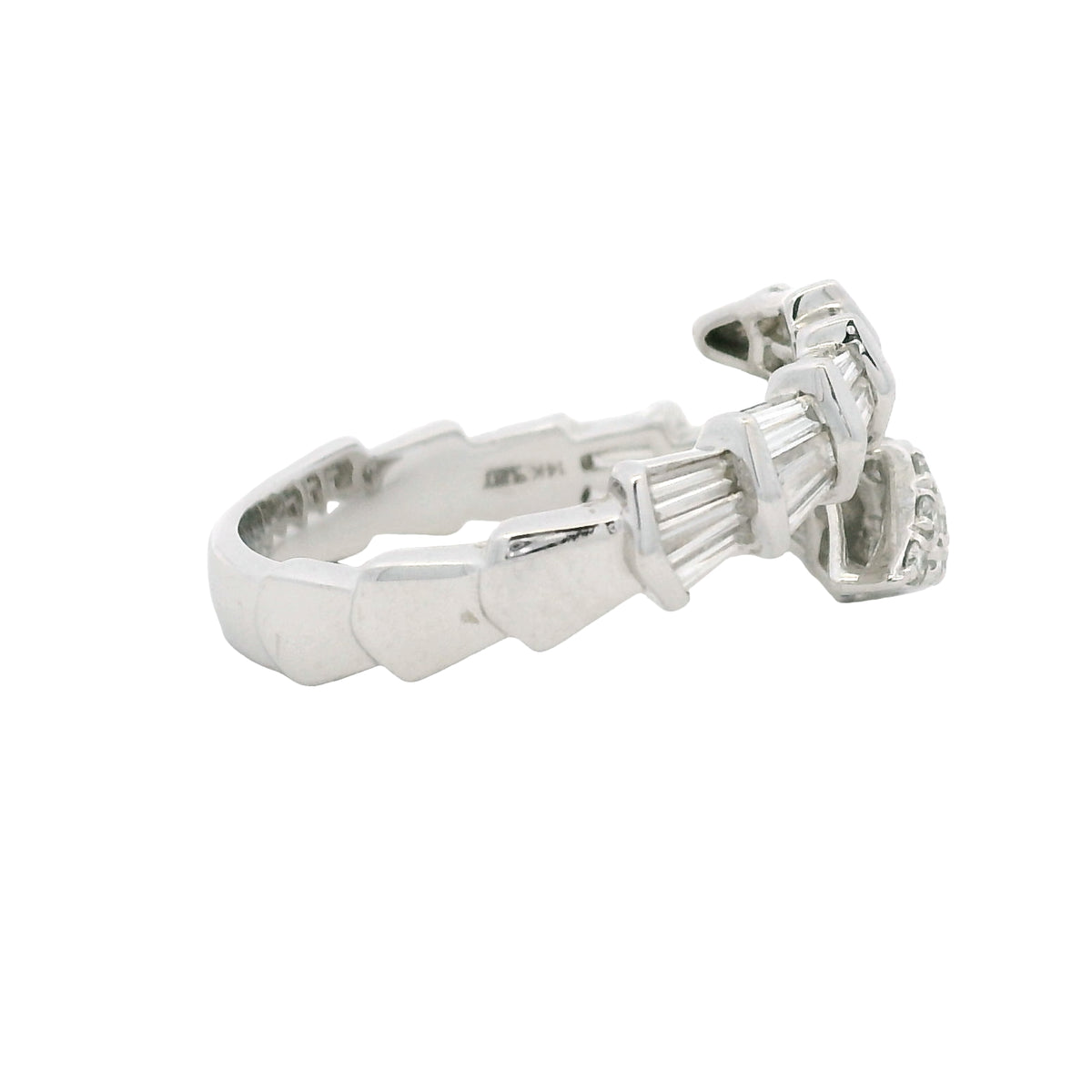 14K White Gold Natural Round & Baguette Diamond Accent Bypass Snake Ring