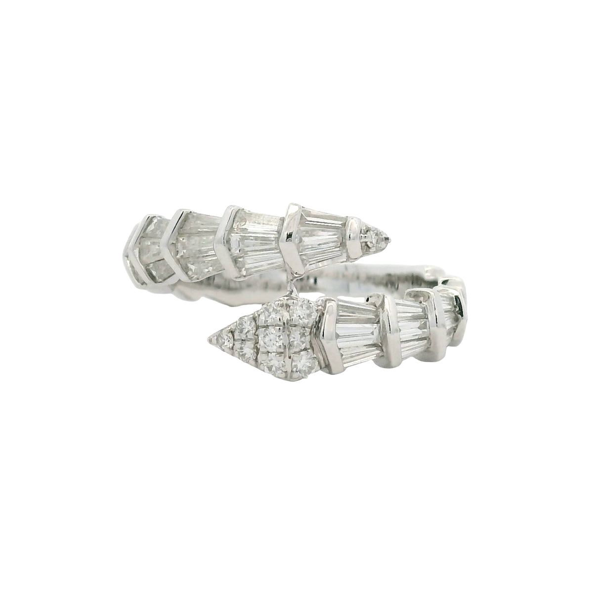 14K White Gold Natural Round & Baguette Diamond Accent Bypass Snake Ring