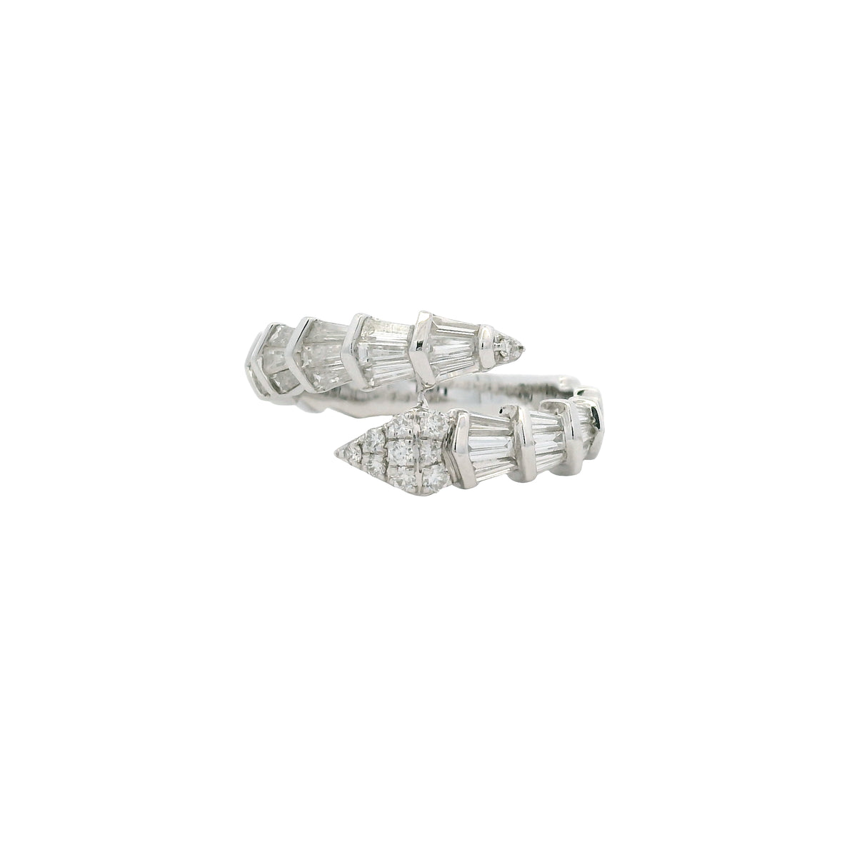 14K White Gold Natural Round & Baguette Diamond Accent Bypass Snake Ring