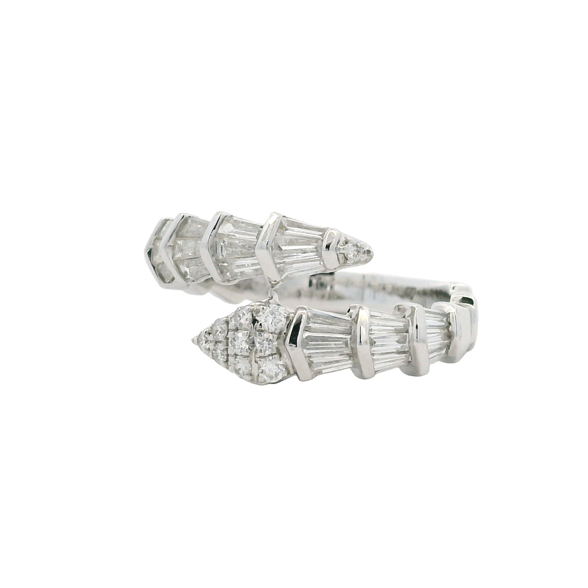 14K White Gold Natural Round & Baguette Diamond Accent Bypass Snake Ring