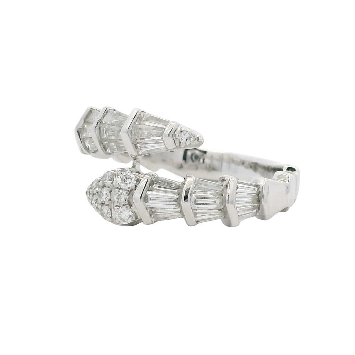 14K White Gold Natural Round & Baguette Diamond Accent Bypass Snake Ring