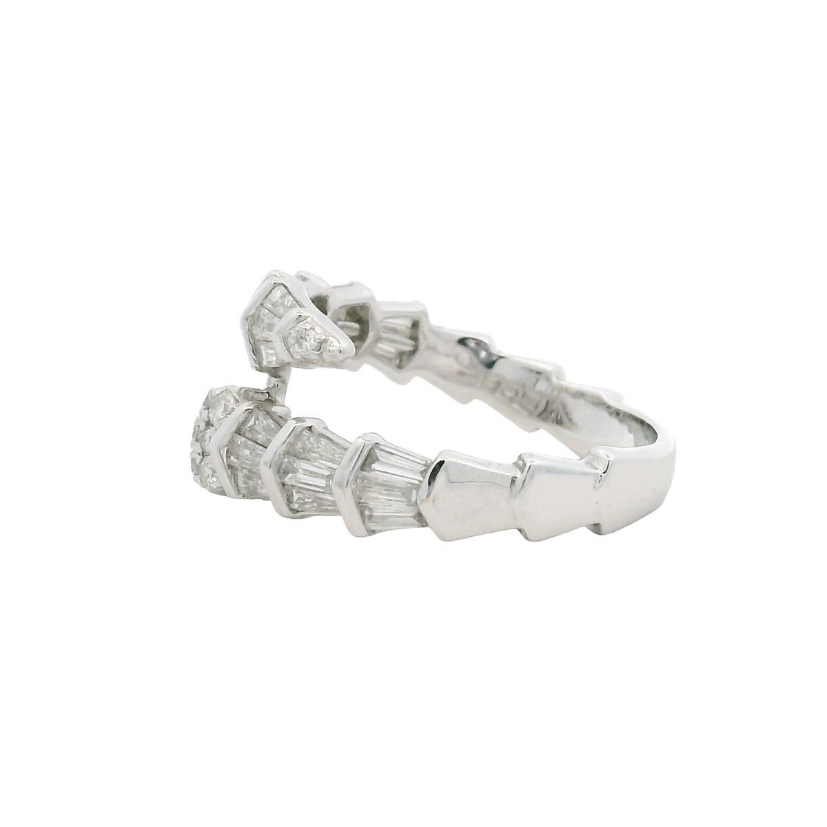 14K White Gold Natural Round & Baguette Diamond Accent Bypass Snake Ring