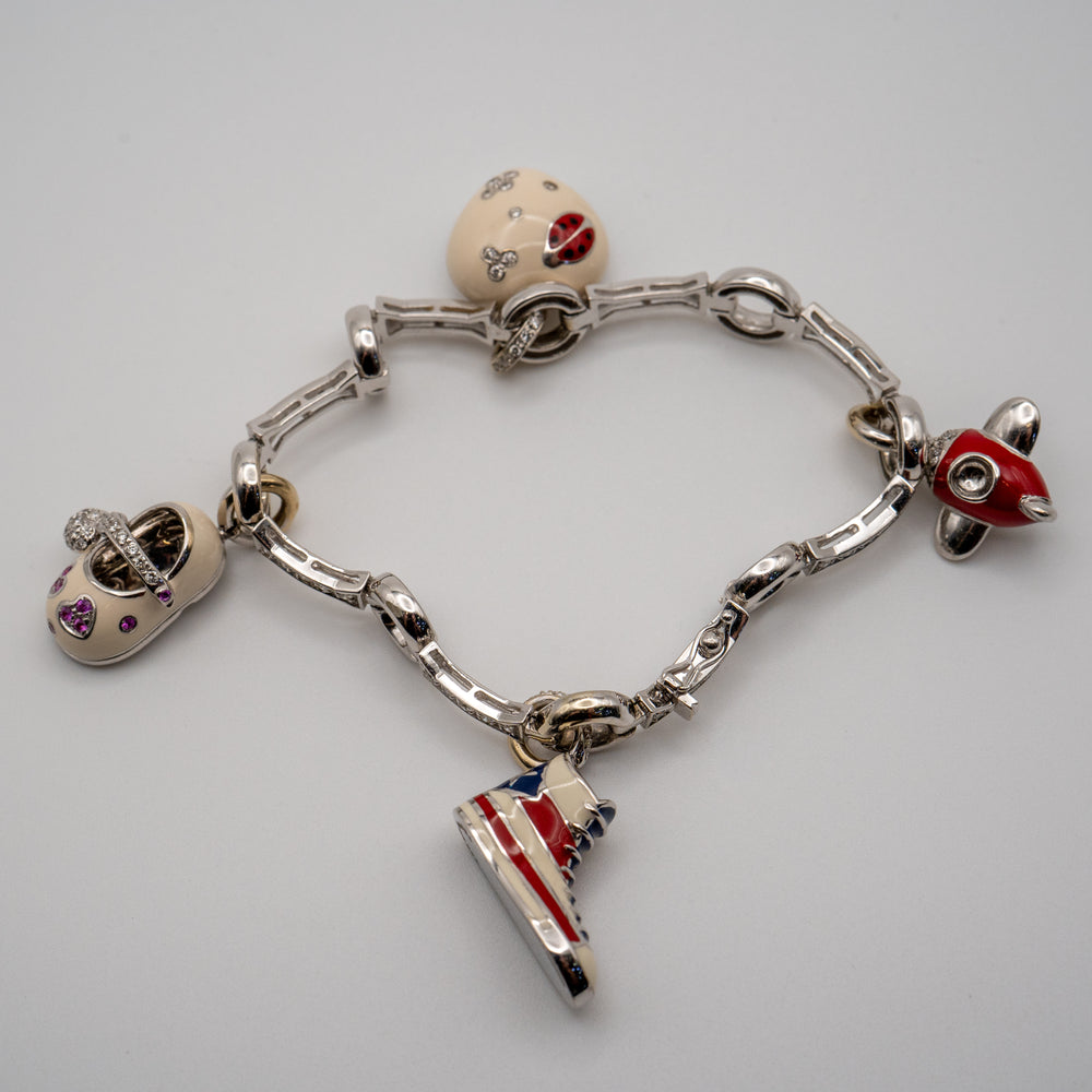 Aaron Basha 18K White Gold Diamond Charm Bracelet Featuring 4 Charms