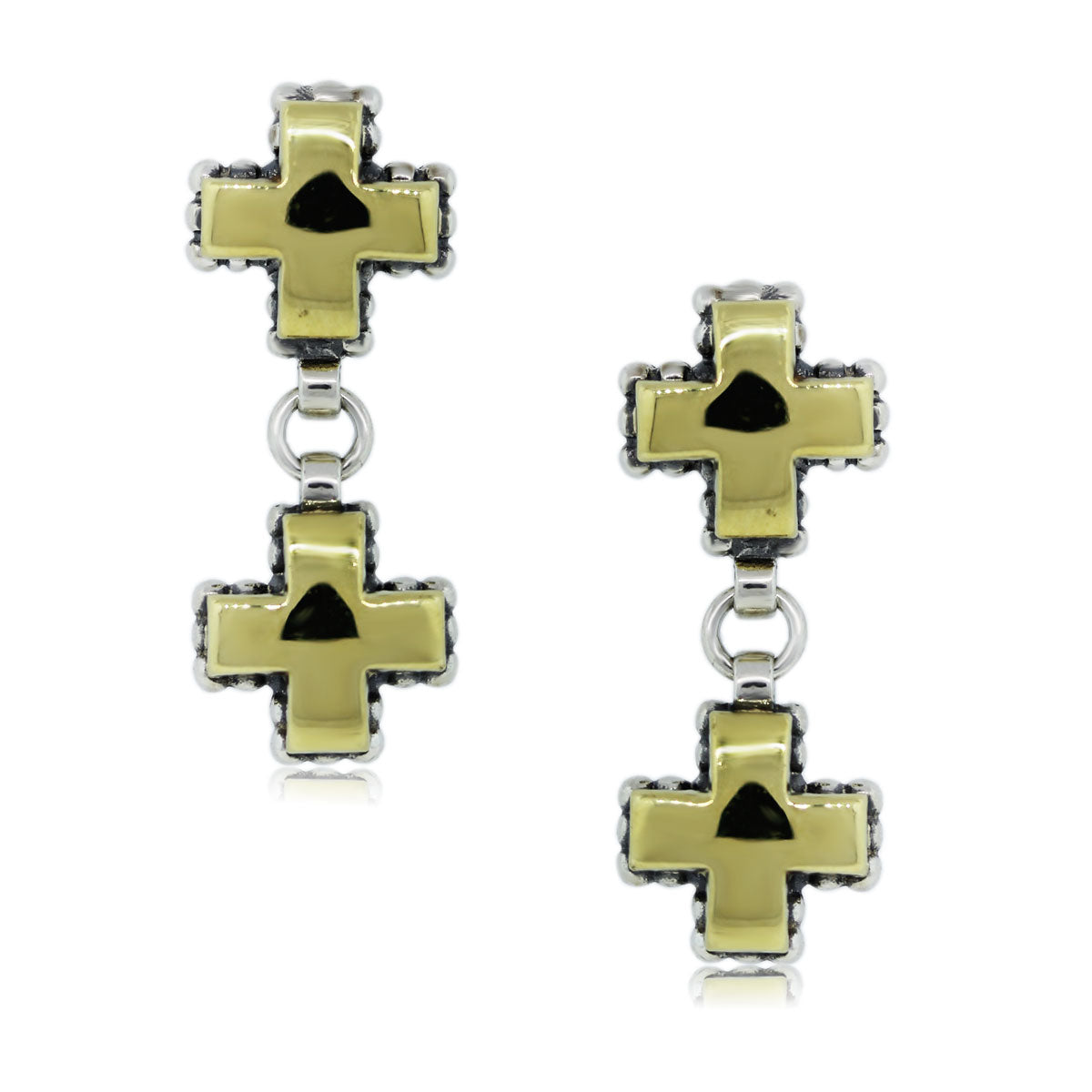 18K Yellow Gold and Sterling Silver Double X Drop/Dangle Earrings