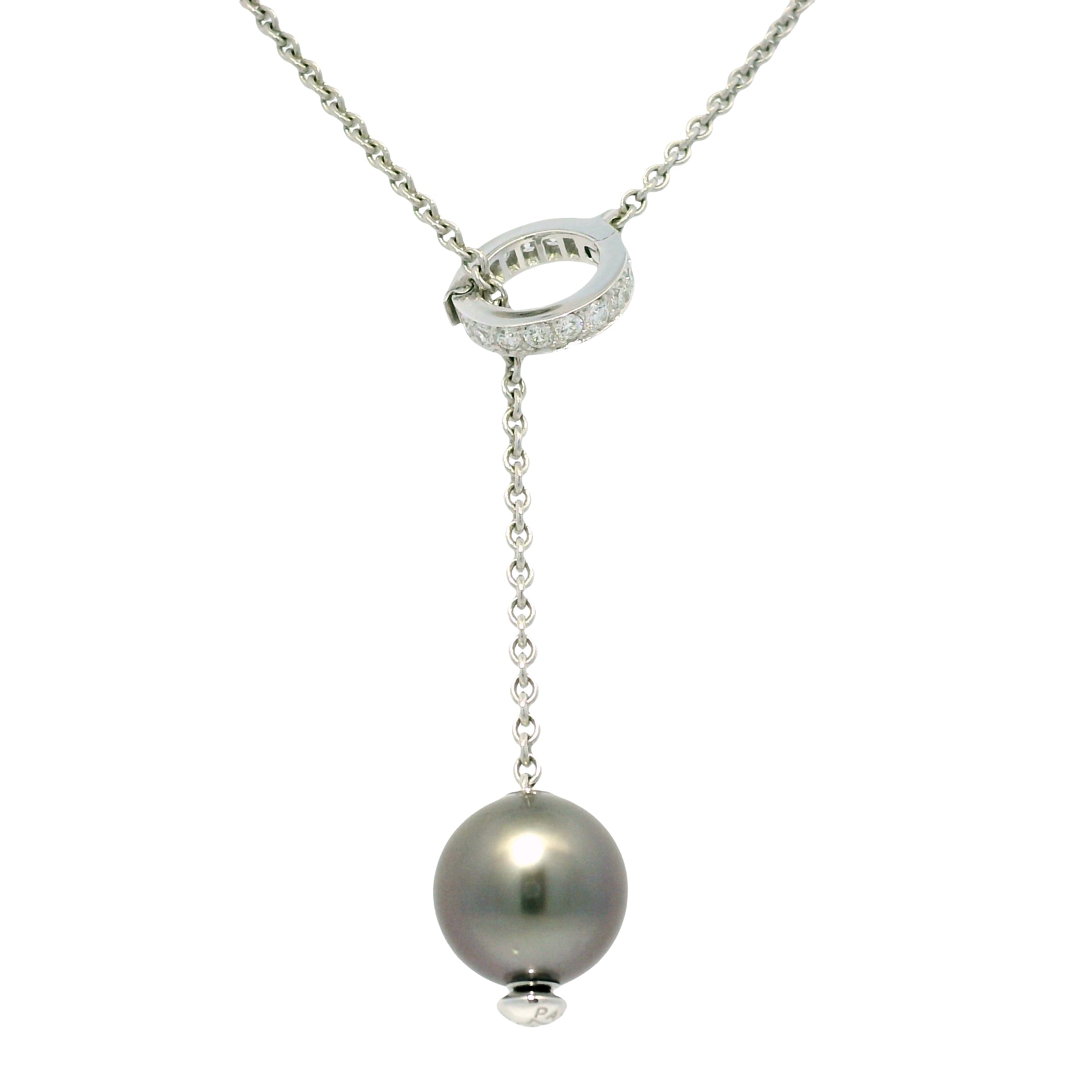 Mikimoto 18k White Gold Black South Sea Pearl & Natural Diamond Lariat Necklace