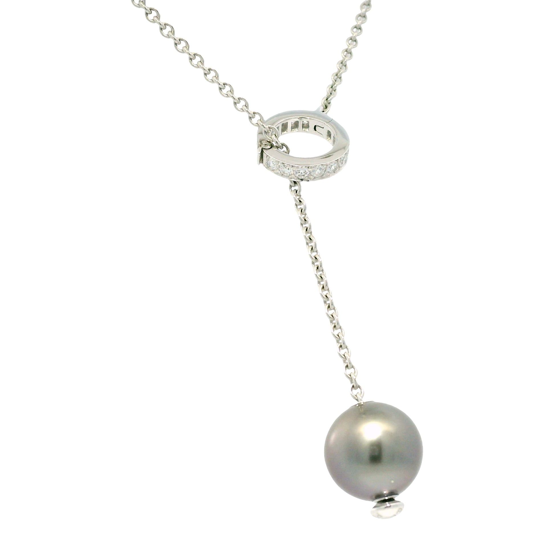 Mikimoto 18k White Gold Black South Sea Pearl & Natural Diamond Lariat Necklace