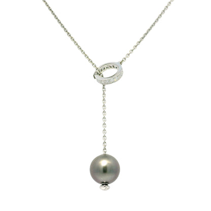 Mikimoto 18k White Gold Black South Sea Pearl & Natural Diamond Lariat Necklace