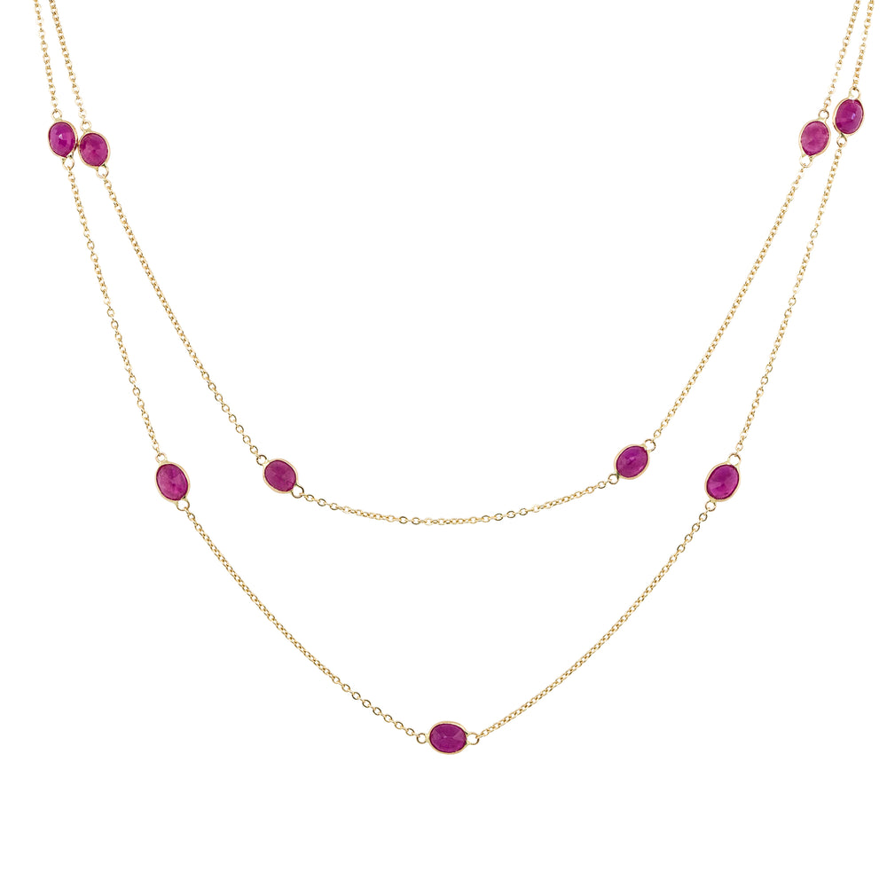 14k Yellow Gold 10.76 Carat Oval Shape Ruby Bezel Set Station Necklace