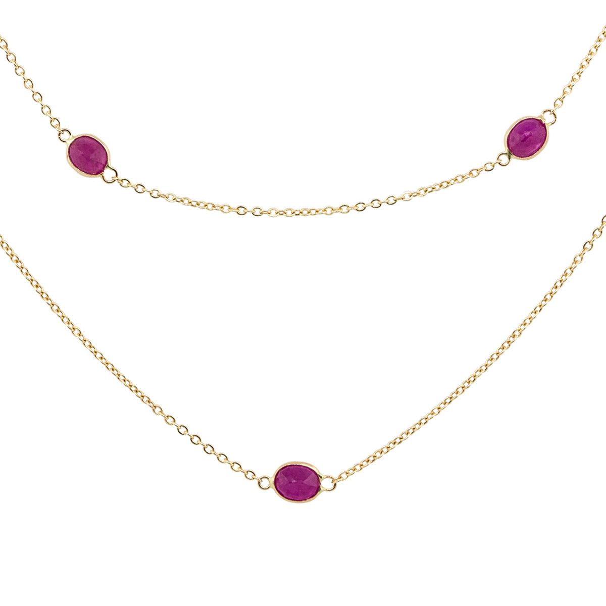 14k Yellow Gold 10.76 Carat Oval Shape Ruby Bezel Set Station Necklace