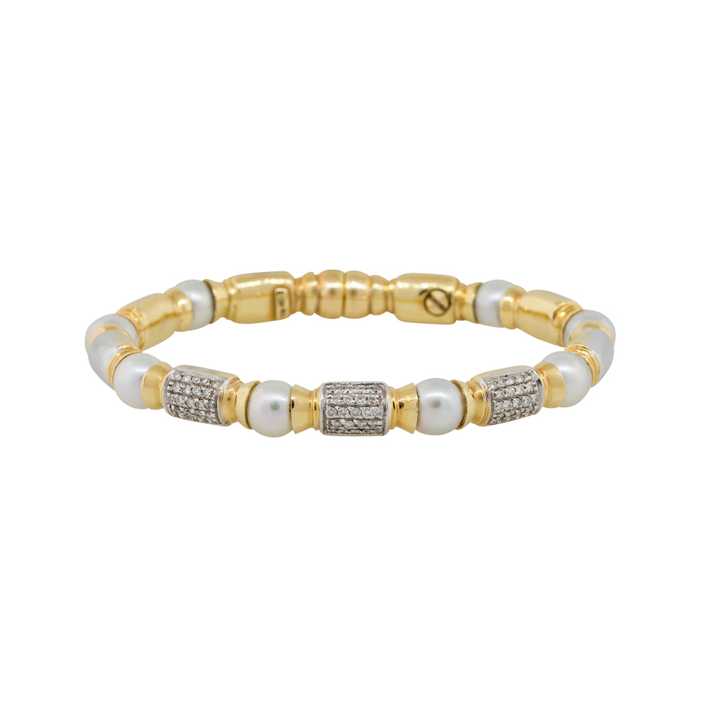 18k Yellow Gold 0.75ctw Diamond Pearl Open Cuff Bangle Bracelet