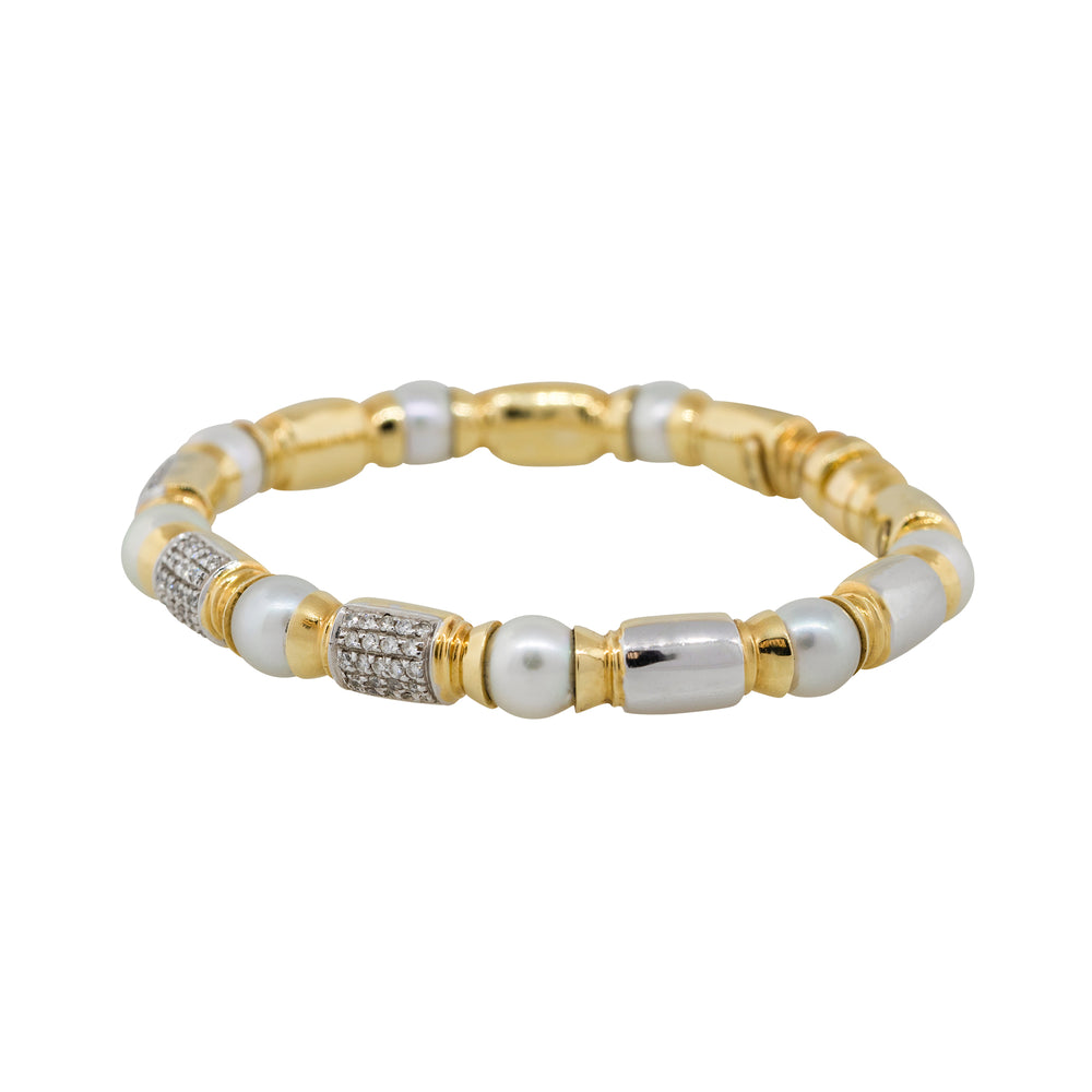 18k Yellow Gold 0.75ctw Diamond Pearl Open Cuff Bangle Bracelet