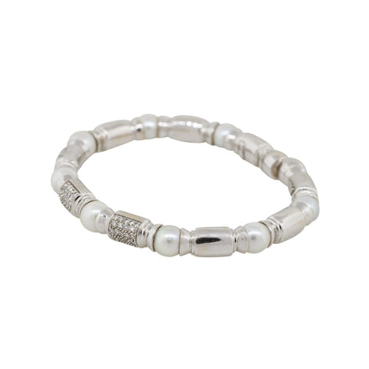 18k White Gold 0.75ctw Diamond Pearl Open Cuff Bangle Bracelet